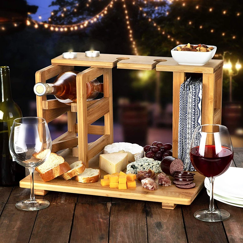 Bamboo Wine and Cheese Display Board with Wine Caddy, Holds 2 Wine