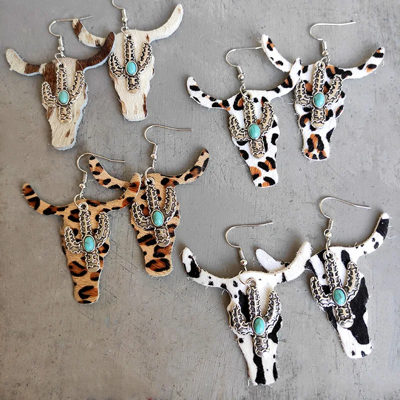 

Classic Leather Leopard Print Cow Head Earrings Western Style Textured Cow Leather Cactus Earrings