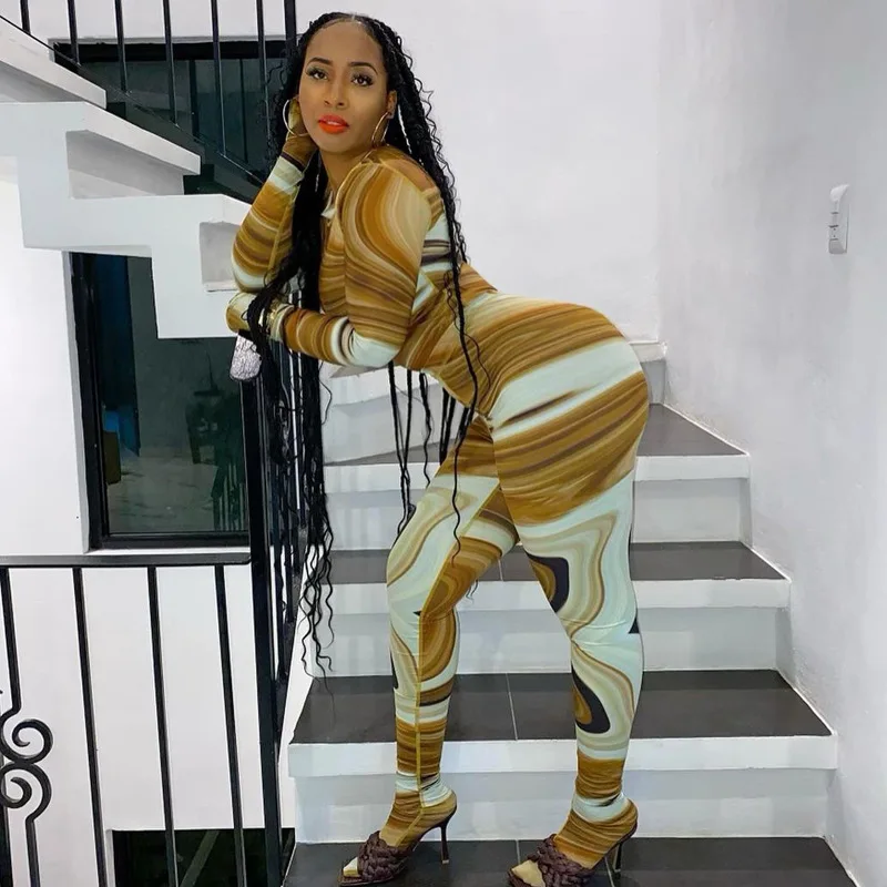 

New design fall trendy tie dye printed long sleeve bodycon high waist two piece leggings set for woman, Photo shows