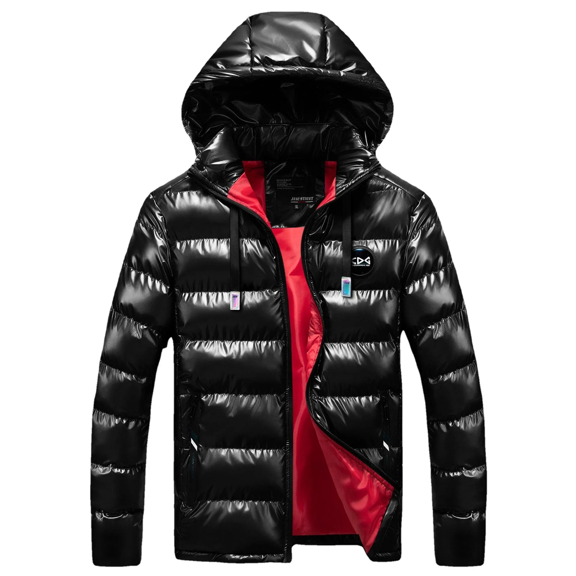 

Men's Metallic Down Puffer Bomber Jackets waterproof Hooded Shiny Winter Puffer Coats Zip-up Thicken Baseball Parka Outerwear