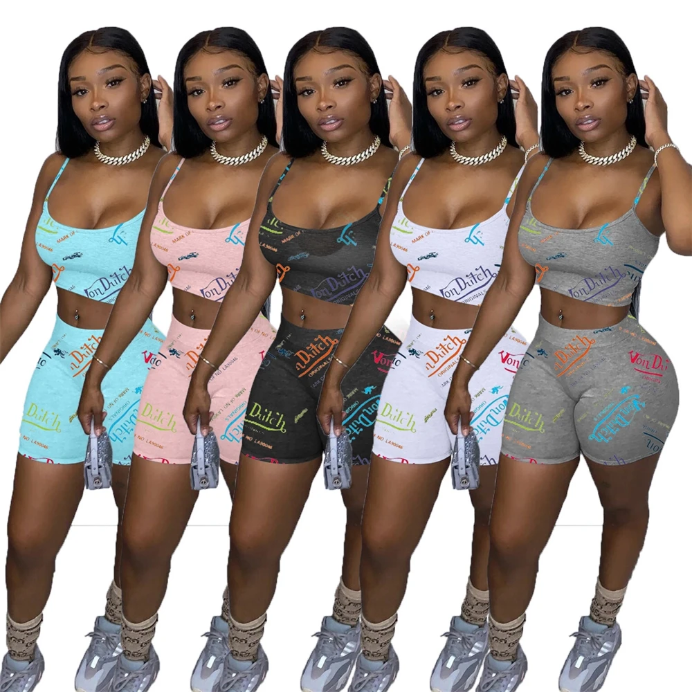 

2022 trendy letter printed sleeveless sportswear biker short set fashion women jogger tracksuit summer two piece set, Custom choose