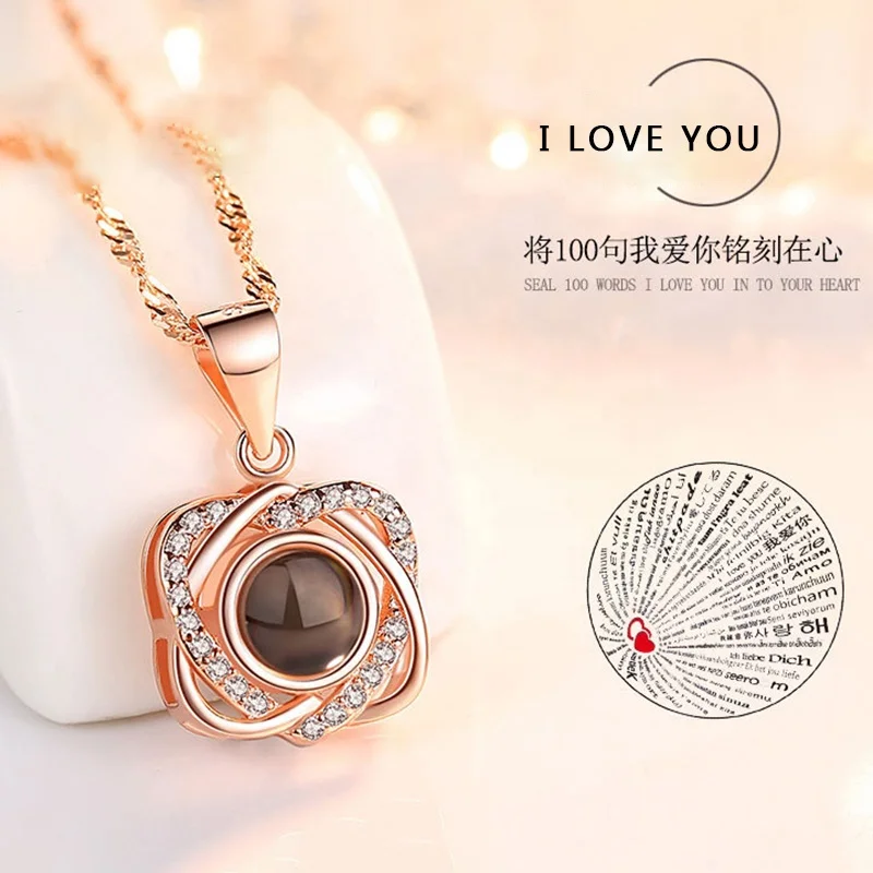 

925 Sterling Silver Double Heart Interlocking Pendant Zircon Necklaces 100 Languages I love you Projection Necklace For Women