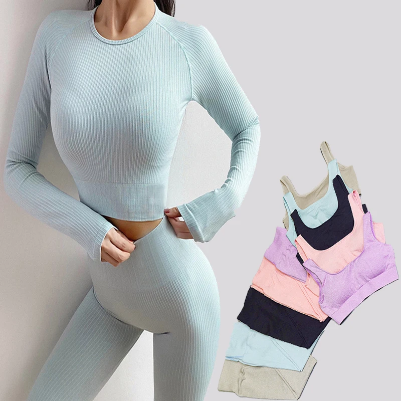 

Scrunch Butt Long Sleeves Workout Ropa Deportiva Suit Seamless High Waist Yoga Ribbed Gym Sport Bra Top Leggings Sets