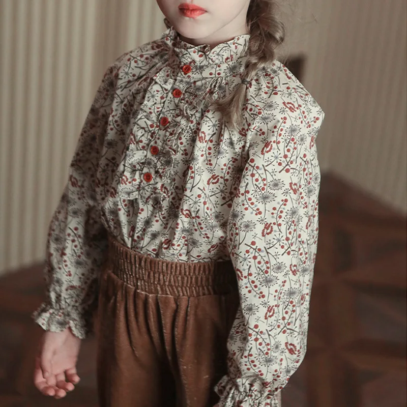 

New Stlye Girls Print Flowers Shirt Spring Cotton Full Sleeve Fashion Girls Blouse 2-7 Year