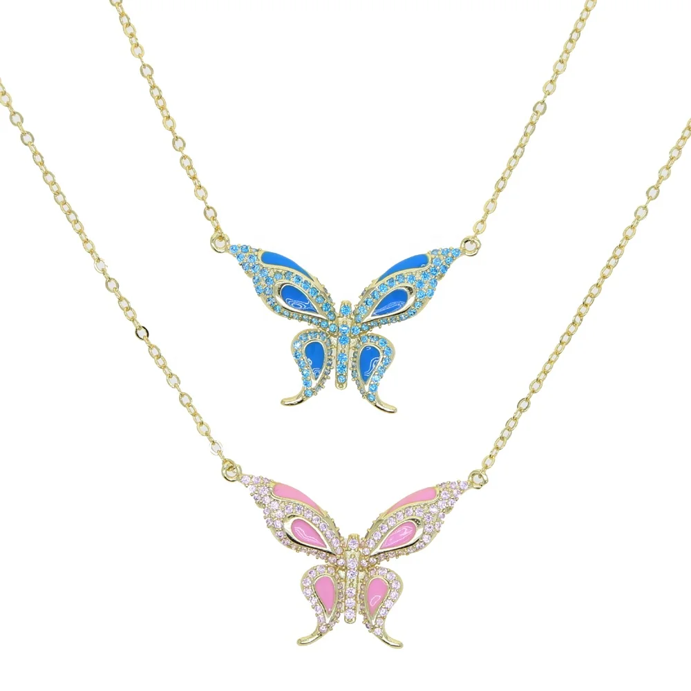 

New Trendy Vividly Enamel Blue Pink Butterfly Pendant Necklace With 5a Cz Animal Jewelry For Women Chic Vintage Clavicle Chain, As pic