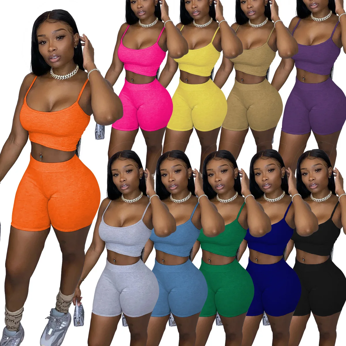 

Summer new casual solid color sexy camisole top shorts suit women short 2 piece set