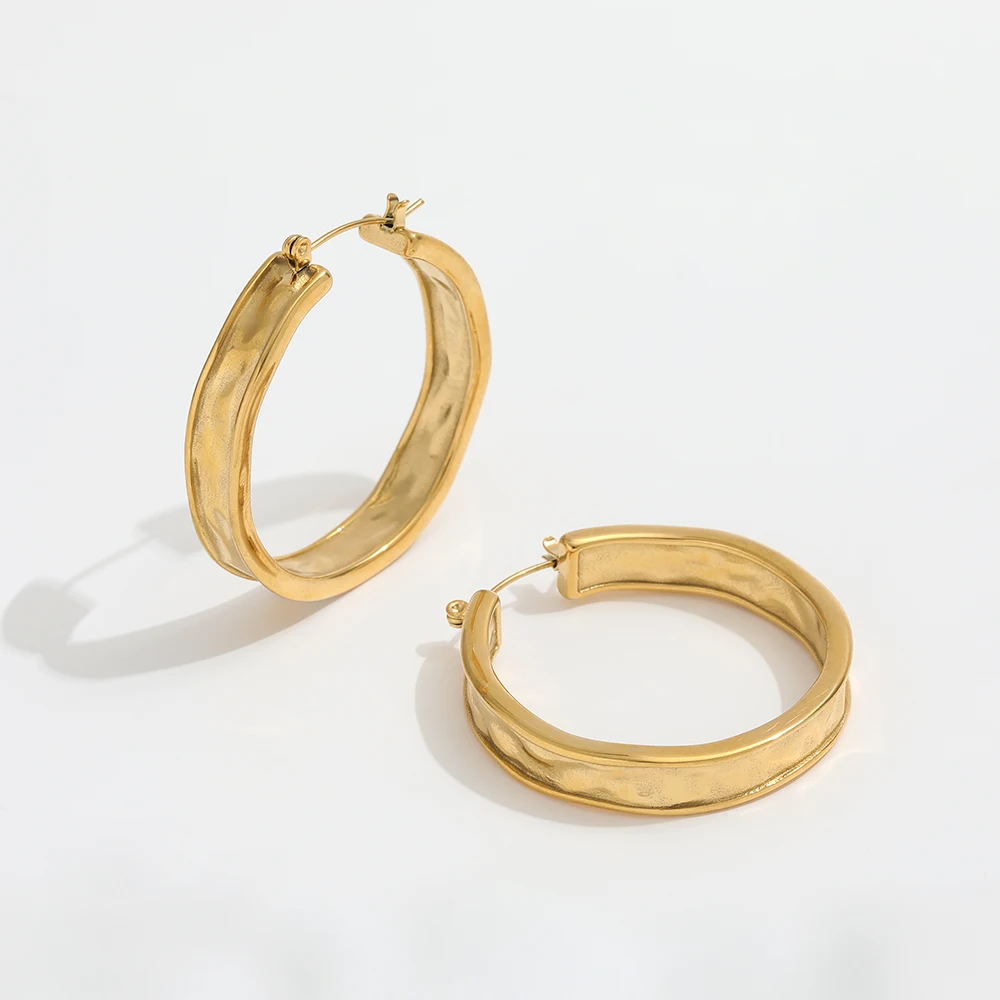 

JLE0247 JOOLIM 18K PVD Tarnish Free Big Large Unique Hammered Round Stainless Steel Hoop Earring