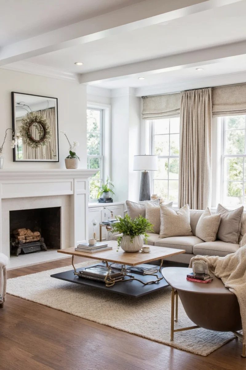 Living room with travel souvenirs, custom photo collages, and cozy family photos