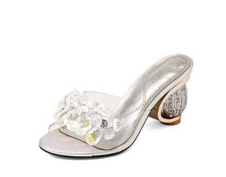 

2020 fashion rhinestone pvc wedge high clear heels women sandals for womens and ladies peep toe beautiful mules shoe, Silver