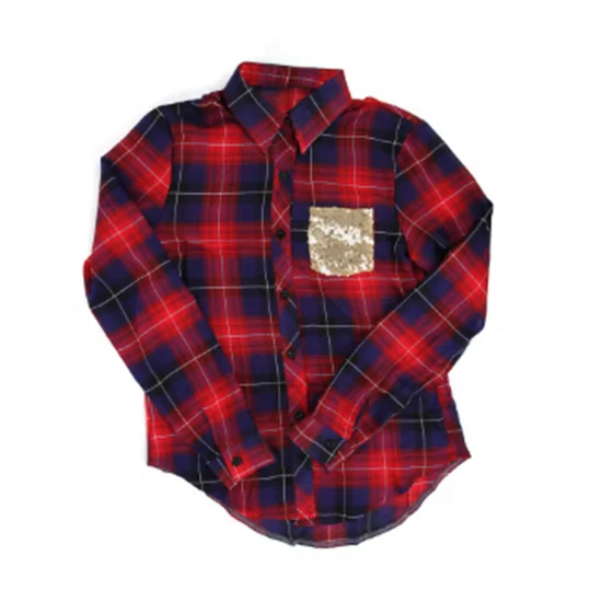 

hot sale spring women Sequin Pocket Polo-collar Long Sleeve Button Down Plaid Flannel Shirt