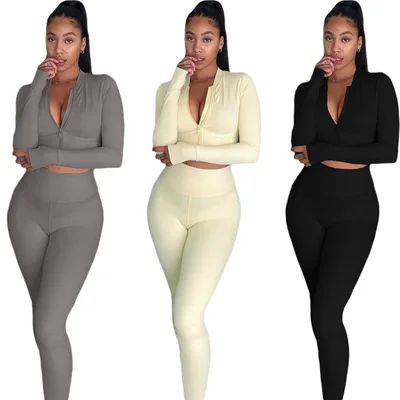 

Hot sell solid color long sleeves two pieces joggers wear zip upper crop top high waist gym outfit