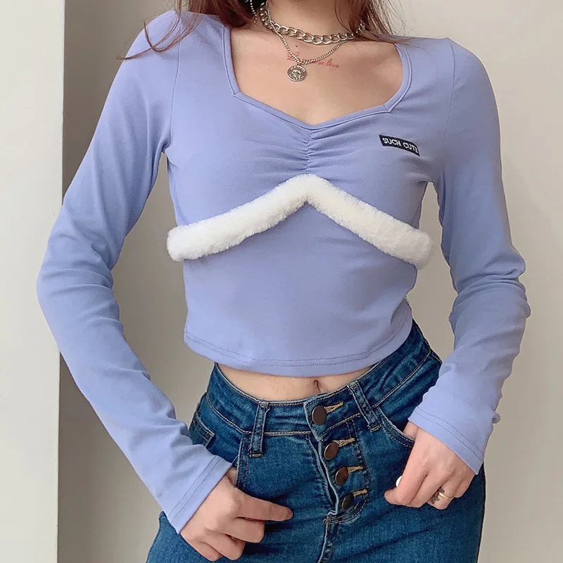 

Hot selling new style Girls Fashion Square Collar blouse pleated wool stitching slim long sleeve crop tops, Black blue