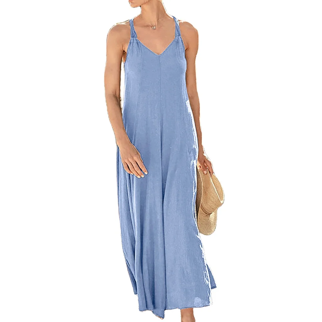 

deep v neck solid color long casual sleeveless plus size dress for ladies