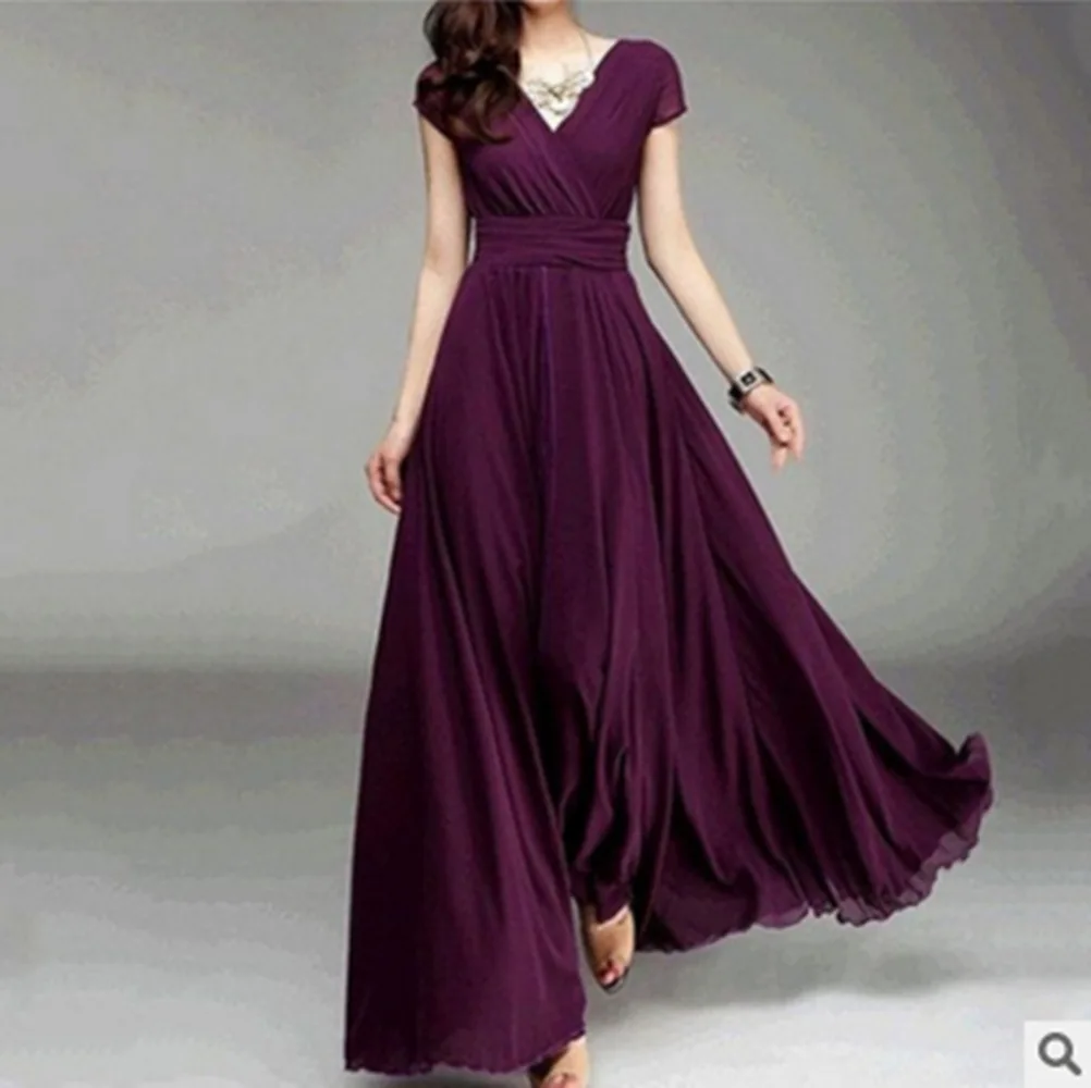 

2020 OEM Hot Selling Summer V Neck Short Sleeves Bohemian Style Chiffon Collect Waist Dress Maxi Dress, White,pink,yellow,red,black,purple,light purple,atrovirens,light green