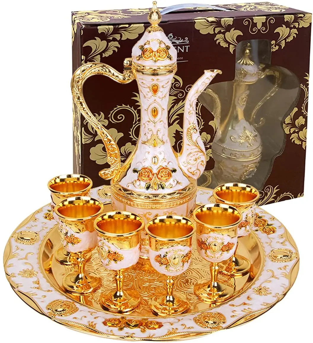 

QIAN HU Vintage Turkish Tea Set with 6 Luxury Coffee Cups & Craft Tea Tray Teapot for Wedding Gift, Golden or silver