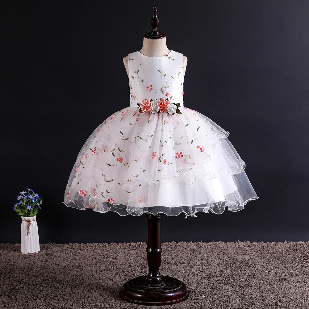 

Pujiang Girl's White Embroidered Princess Skirt Mid-long Dress for Birthday Party Dresses, Picture shows