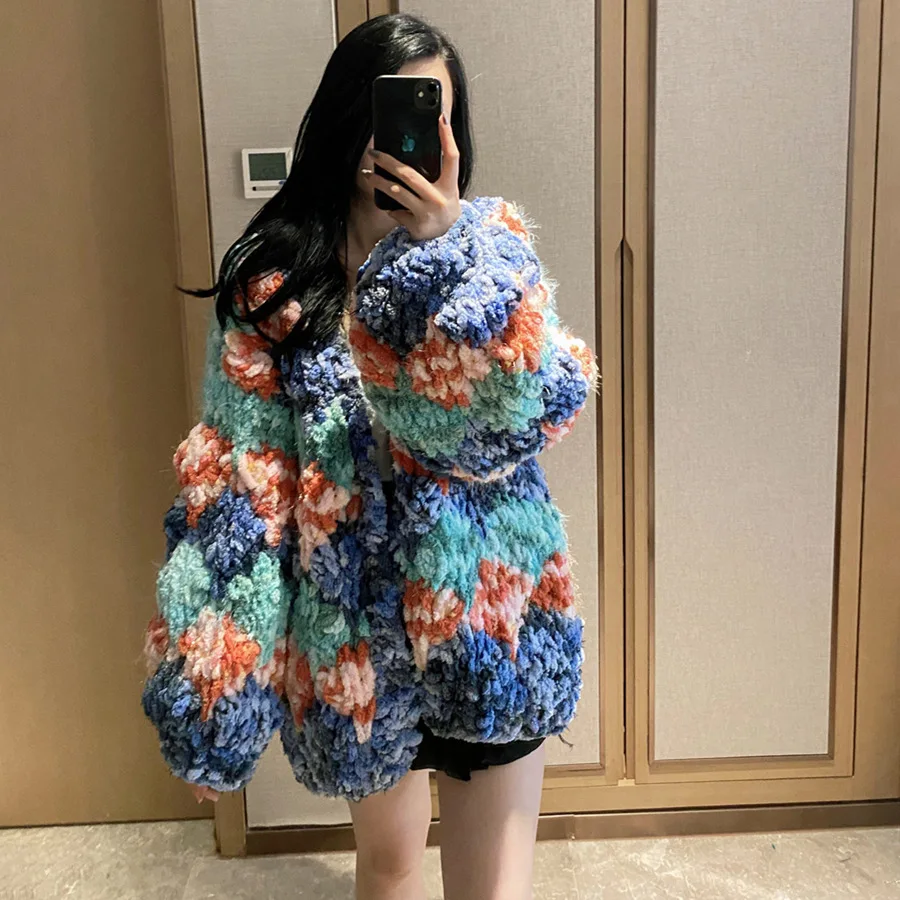 

2021 New Thickened Cardigan V-neck Colorful Coarse Needle Sweater Coat Women Winter Cardigan, Customized color