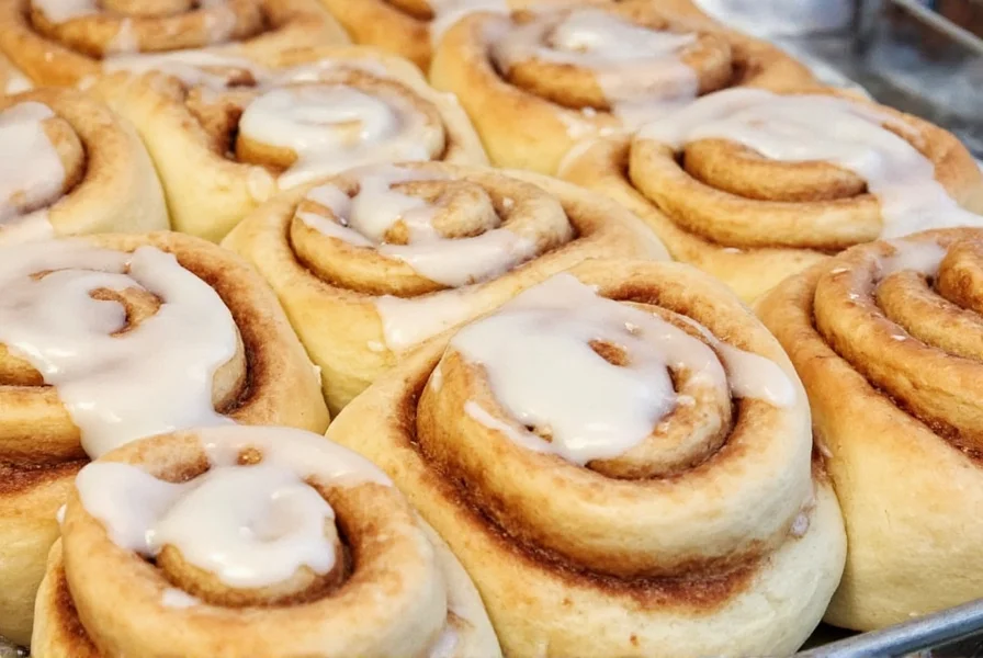 Close-up of freshly baked orange cinnamon rolls with visible orange zest in golden brown swirls and glossy citrus glaze drizzled on top