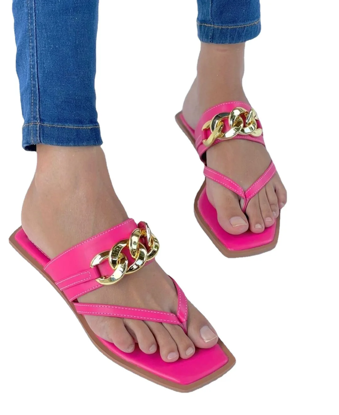 

2022 Summer Sandals Thong Flat Metal Chain Slippers Women's Plus Size Rose Sandals
