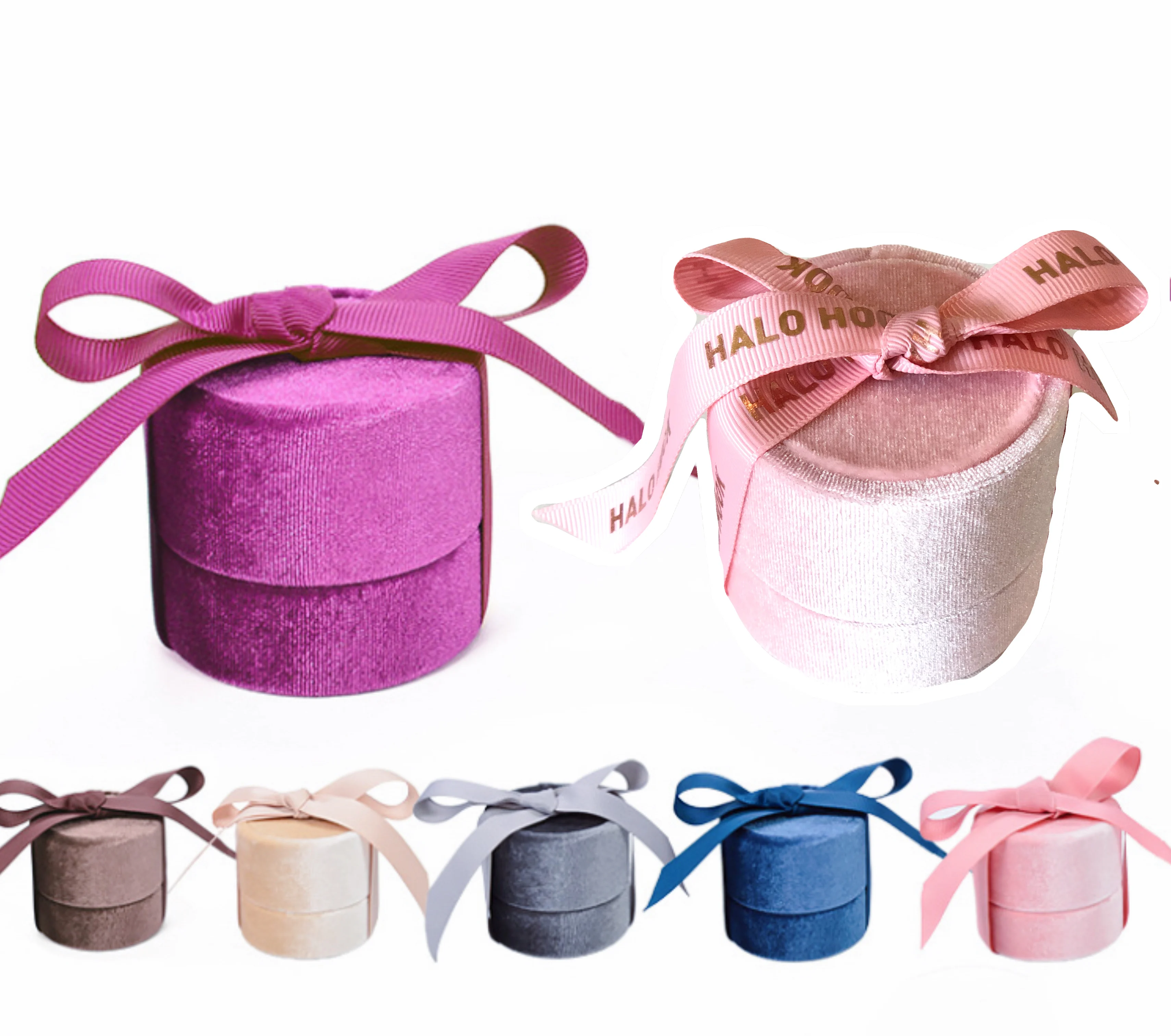 

Round Custom Logo Luxury Design Gift Pink Purple Jewelry Packaging Box Vintage Velvet Flannel Ring Box With Ribbon, Dark blue/pink/purple/light yellow/coffee