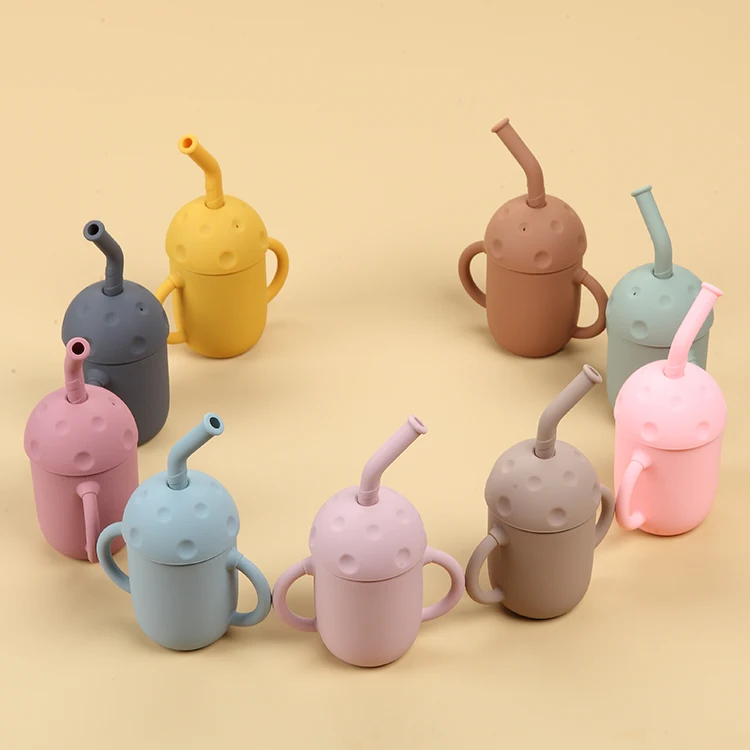 

2021 New Design Organic Portable And Reusable Children'S Toddler Training Straw And Handle Silicone Water Cup for baby, Sage,light blue,mustard etc