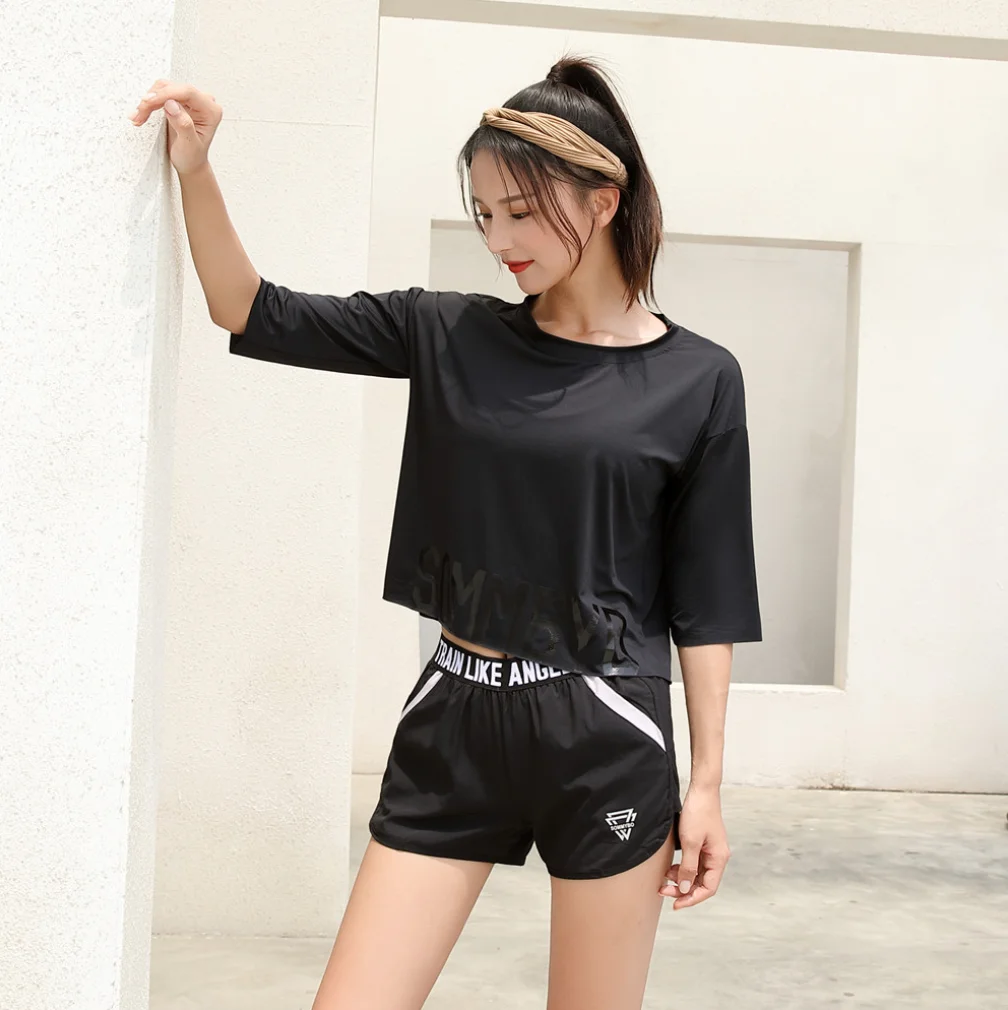 

Summer and autumn sports T-shirt loose large yoga clothes running fast dry Breathable fitness clothes slim 7-point sleeve