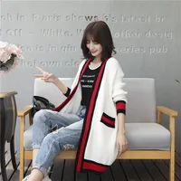 

Fall/winter new Korean women fashion sweater with medium long length multi-color stripe loose cardigan with pockets
