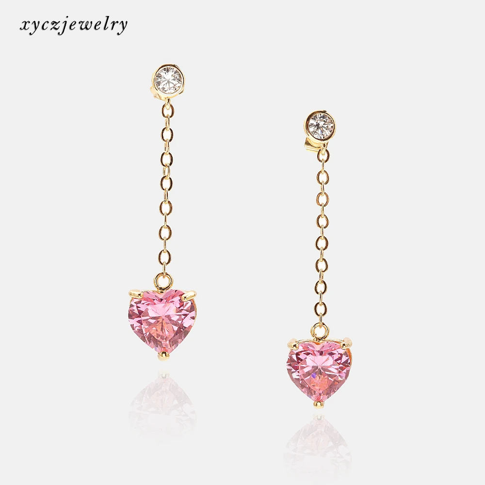 

Pink heart cz drop earrings wedding fashion beauty gold plated earrings, Pink color and white