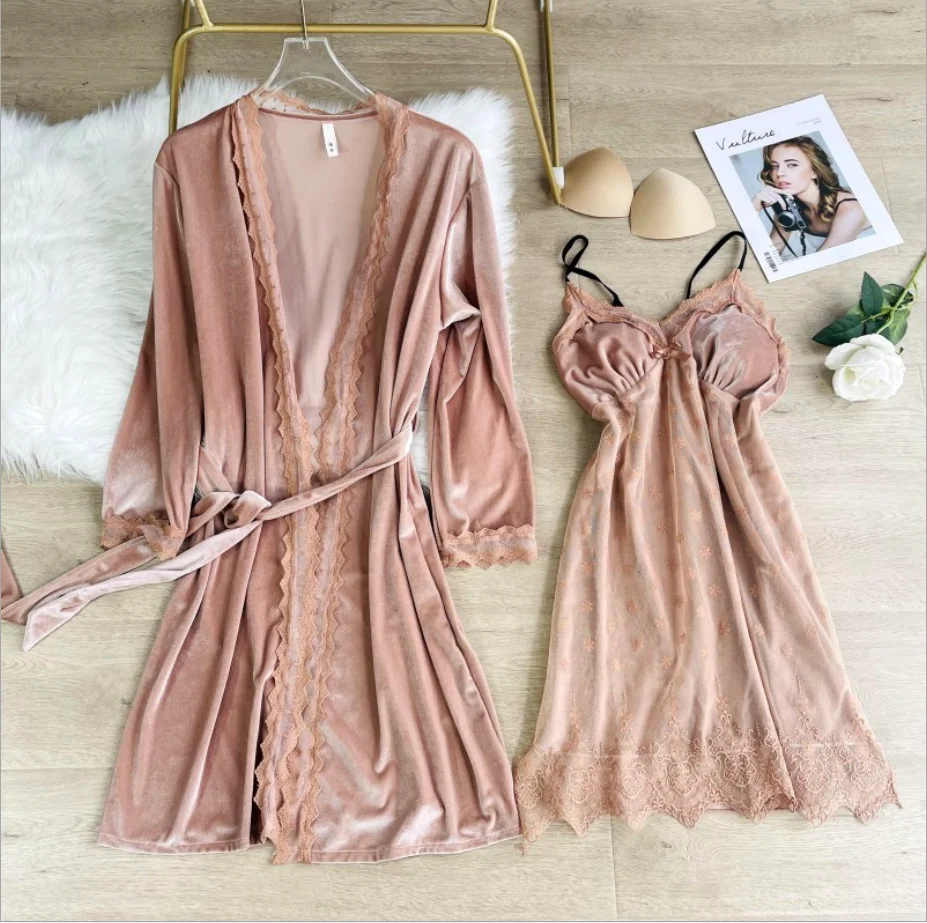 

sfy-y205 hot sale fashionable sexy velvet lace pajamas set sexy adults women bath robe floral plants print pajamas