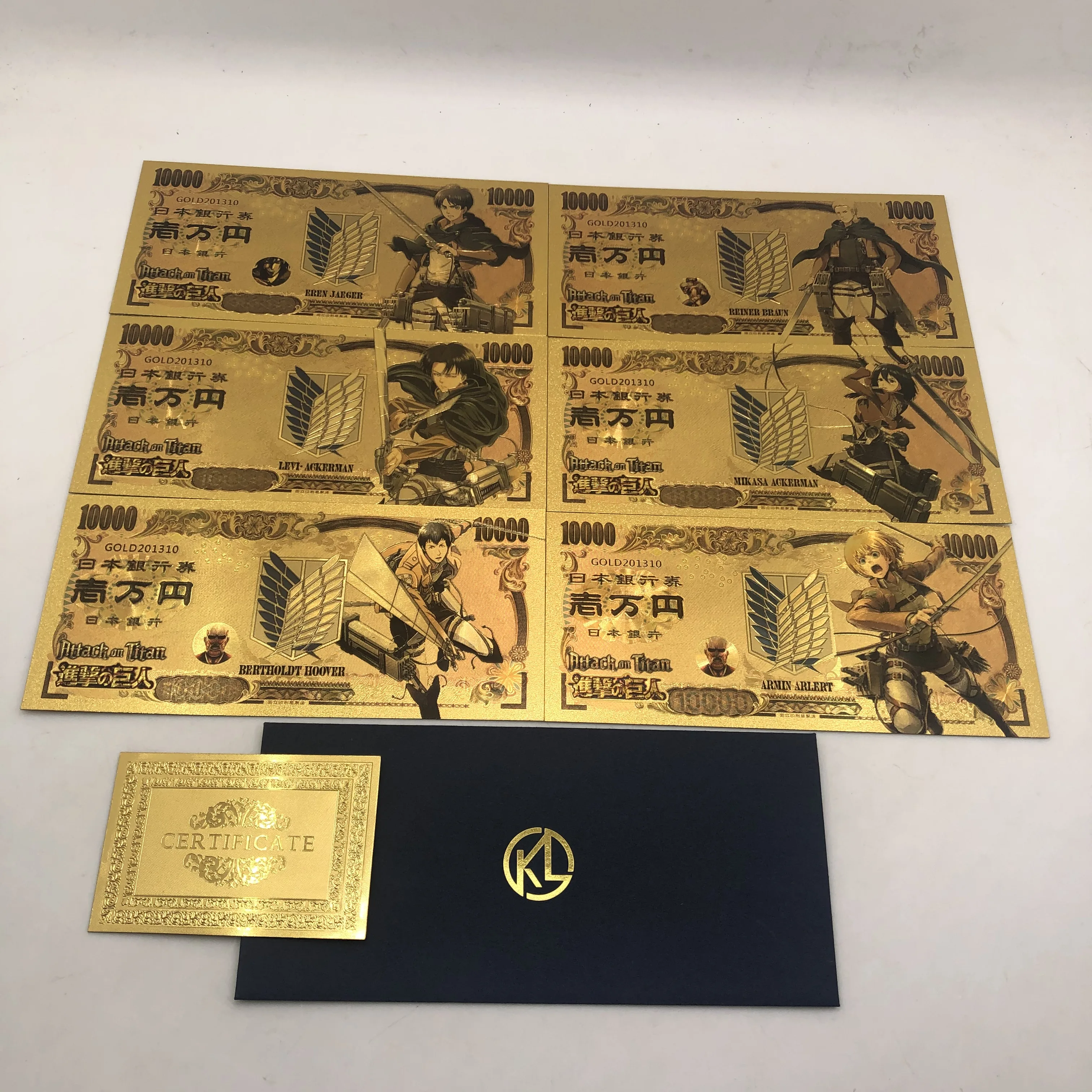 

6 designs Attack on Titan Gold Cards Japanese Anime Gold Banknote sticker Home Decorative as gift