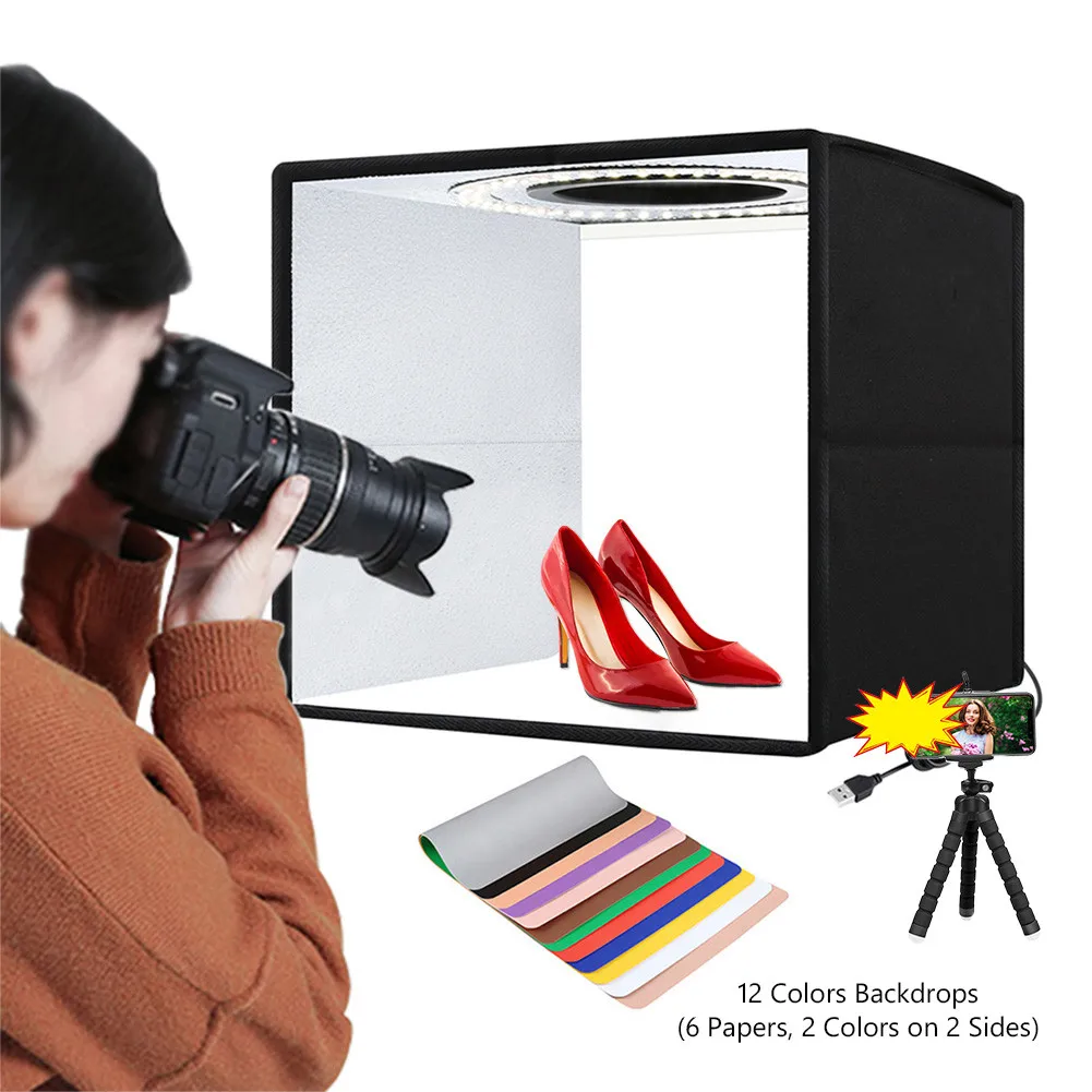 

60cm Photo Studio Ring LED Light Box Shooting Tent Desktop Box Kit with 6 Colors Backgrounds Photography LightBox Kits 5V