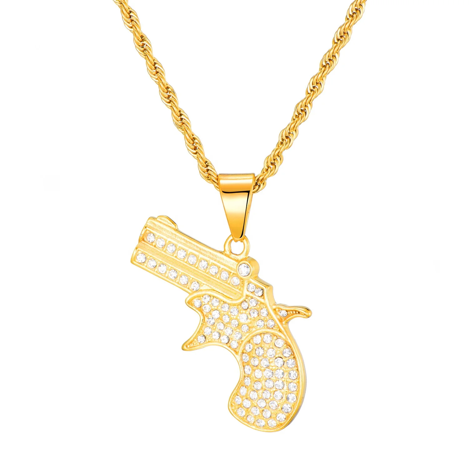 

Wholesale Custom Mini Gun Stainless Steel Jewelry 18K Gold Plated Pendant Gun Necklace, Picture shows