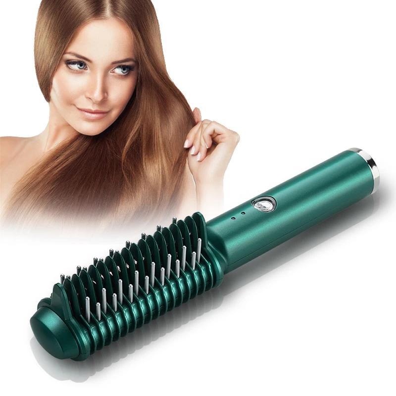 

USB wireless hair straightener comb curling straight dual-purpose ceramic travel portable charging curling iron, Green