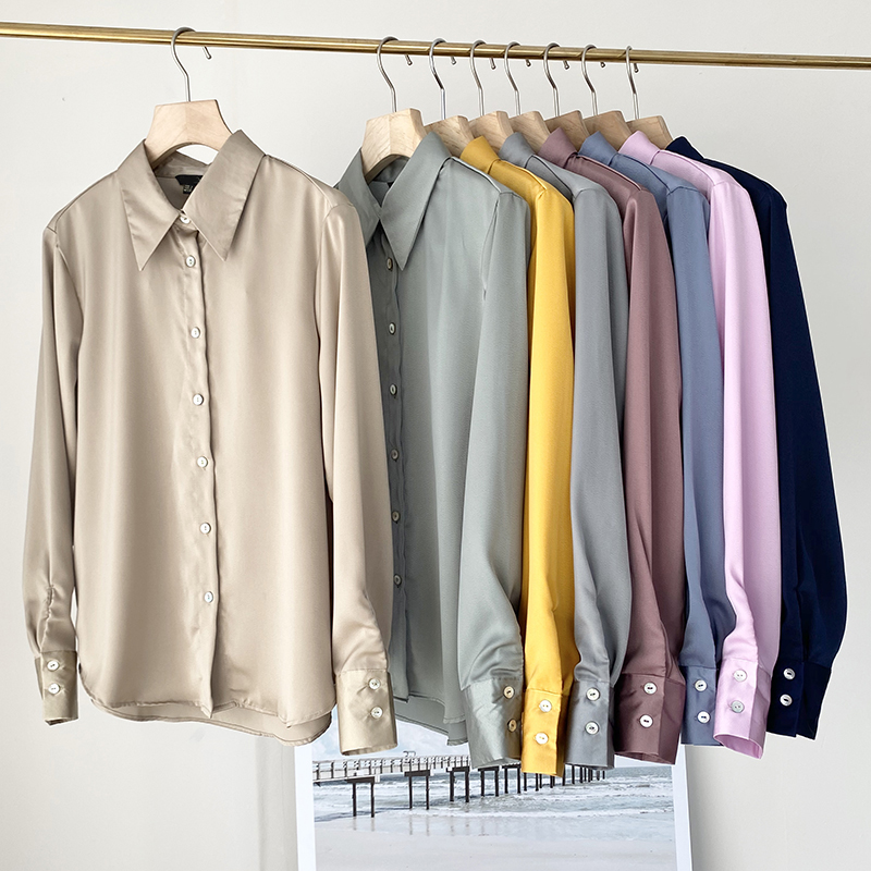 

2020 Women Blouse With Turn-down Collar Solid Long Sleeve Silk Shirt Femme Casual stain Top Ladies' Blouses