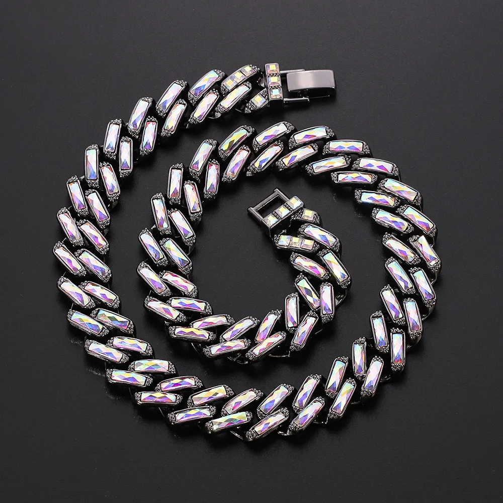 

Hip Hop Rainbow Colorful Gold Silver Plated Cuban Link Chain Diamond Necklace Cuban Chain Men 2021, Multi color