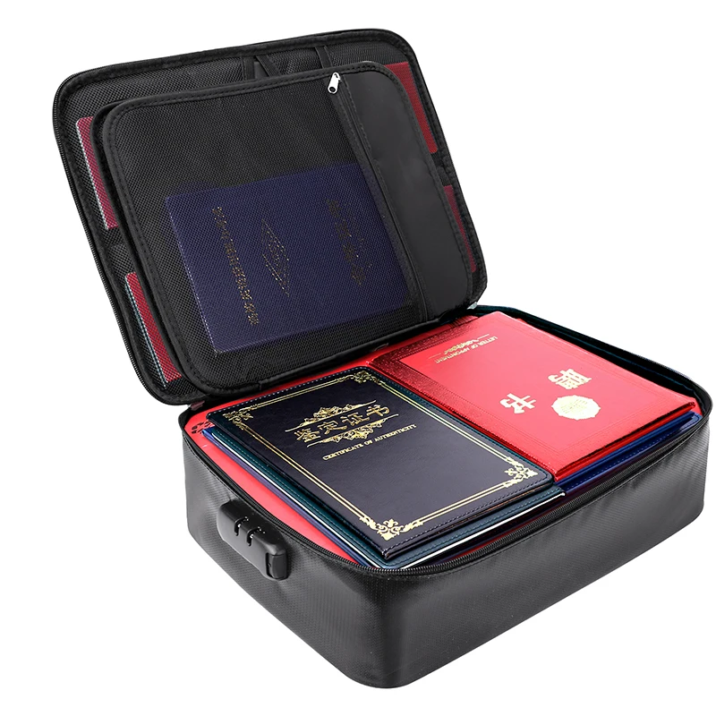 

Fireproof Family Travel Passport Certificate Document Storage Organizer Bag Multi-Layer Portable File Storage with Lock
