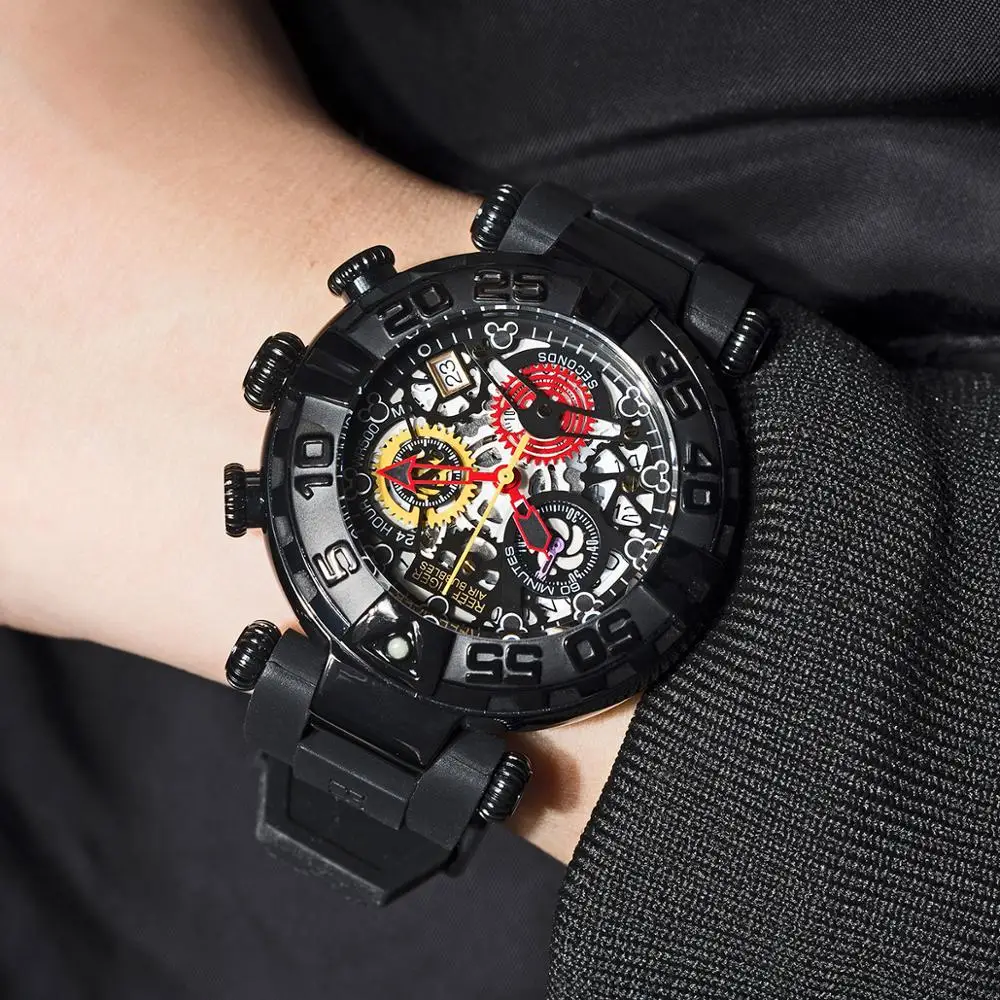 

Reef Tiger Luxury Brand Sport Watch All Black Men Rubber Strap Skeleton Quartz Watches Chronograph Date Montre Homme RGA3059-S