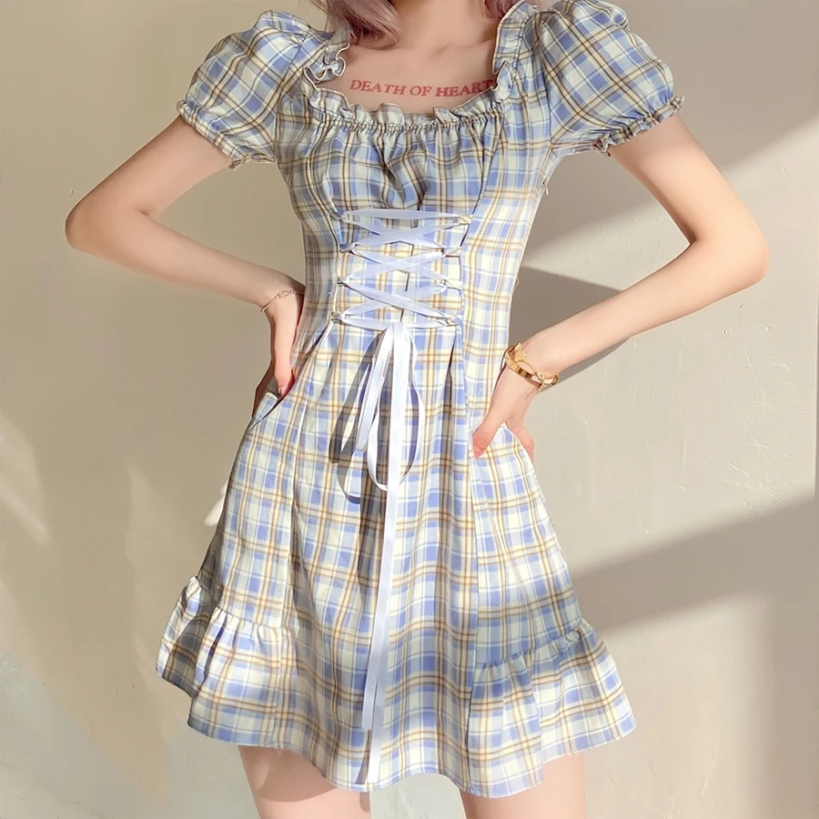 

Nibber K21D01808 Custom Wholesale Plaid Ruffles Short Sleeve Drawstring Lace-up DIY Off Shoulder Women Casual Dress Girl's Dress, Blue