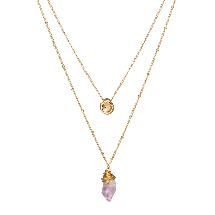 

Gold Beaded Chain Rose Quartz Stone Chain Necklace For Women, Purple