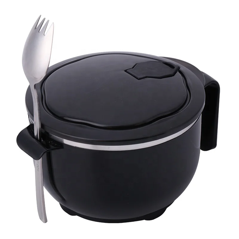 

304 Stainless Steel Bowls Sealed Lunch Bento Box Instant Noodle Bowl With Fork and Lid, Black