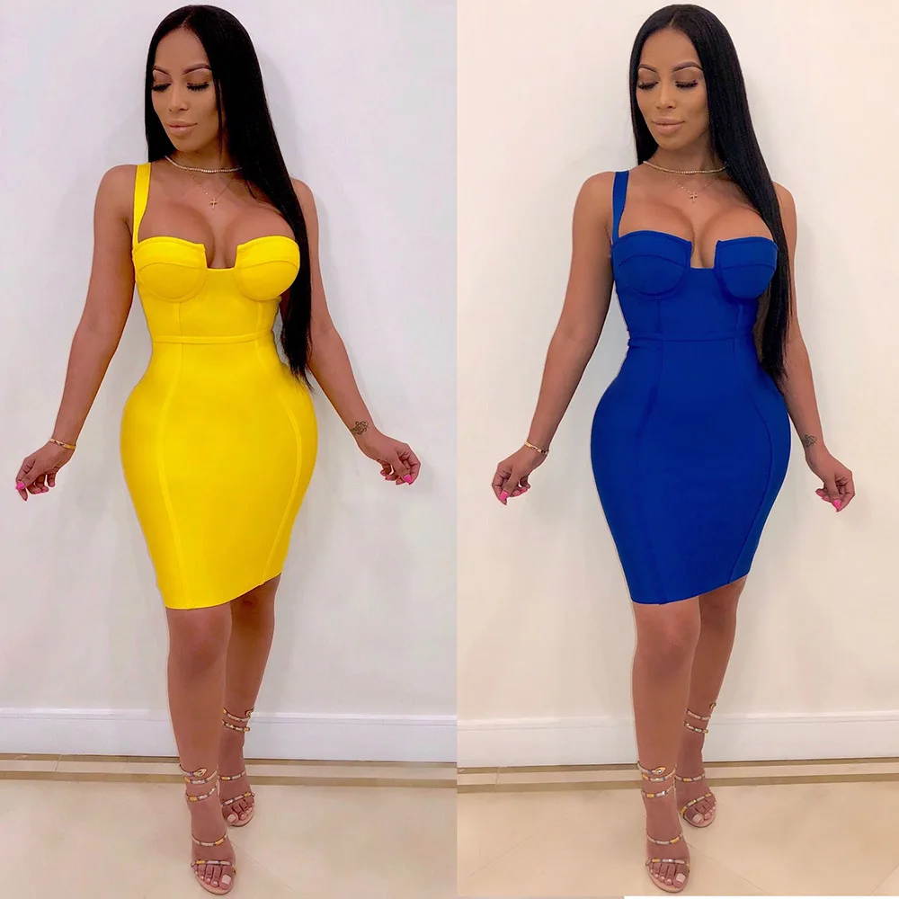 

Latest New 2020 Club Wear Blue Irregular Neck Bodycon Bandage Dress Short Summer Dresses
