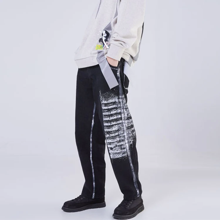 

High Street Printed Design Men Denim Jeans Baggy Men's Fashionable Washed Man Jeans Loose Fit