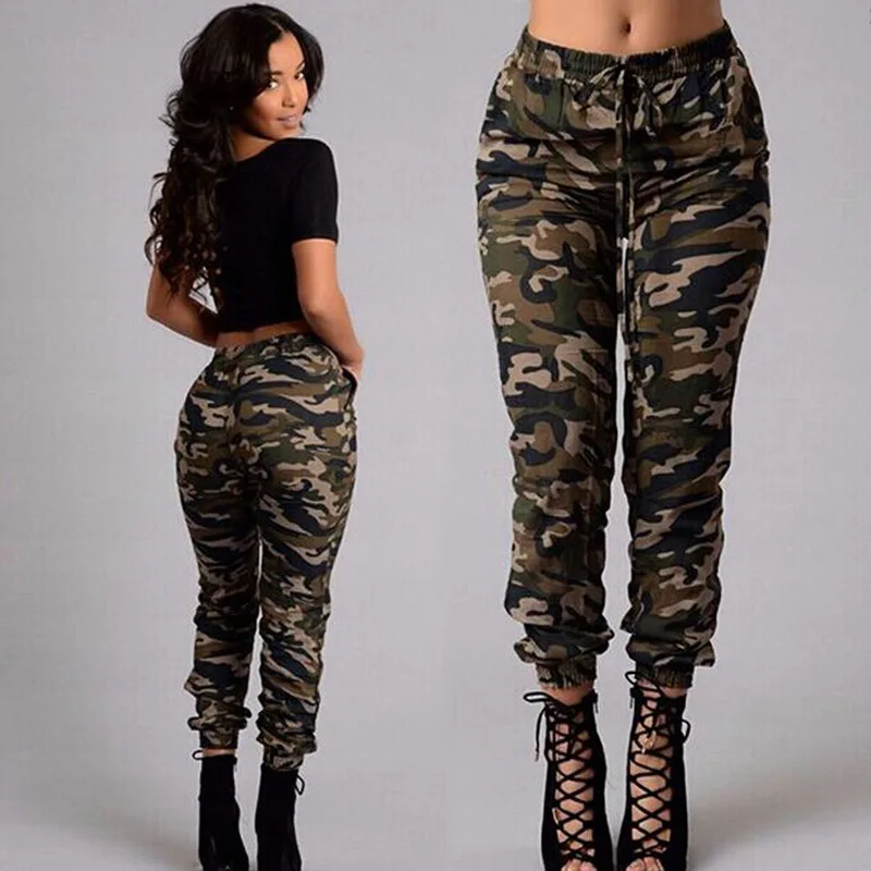 

Spring fall Cyan Cargo Pants Women Trousers Camouflage Elastic Waist Pants Camouflage Printed Pants Plus Size S-5XL