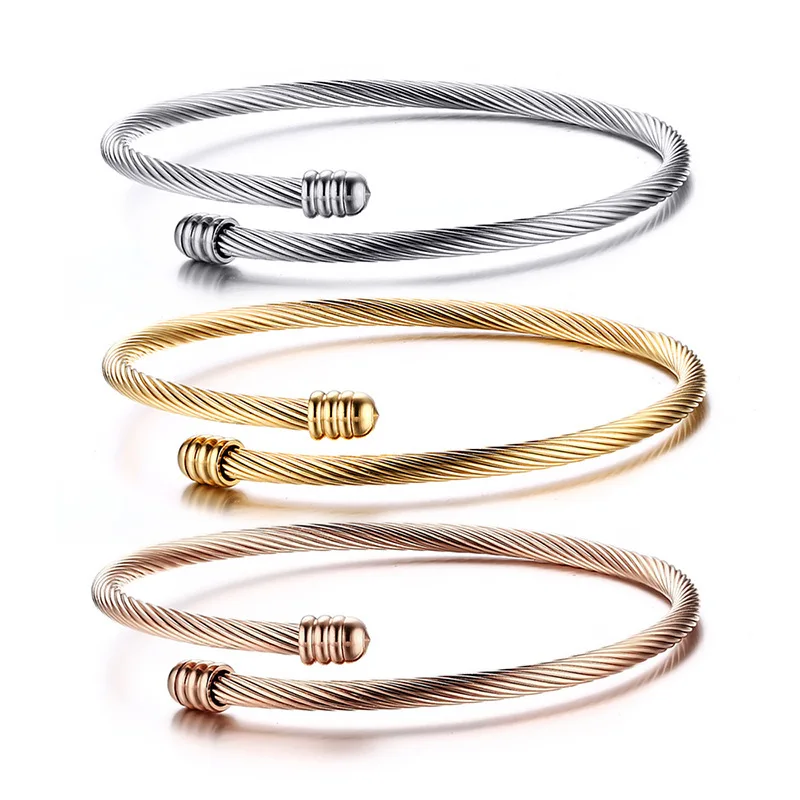 

Three Colors Stainless Steel Wire Cable Cuff Bracelet Unisex Adjustable Fadeless Wia Rope Bracelet
