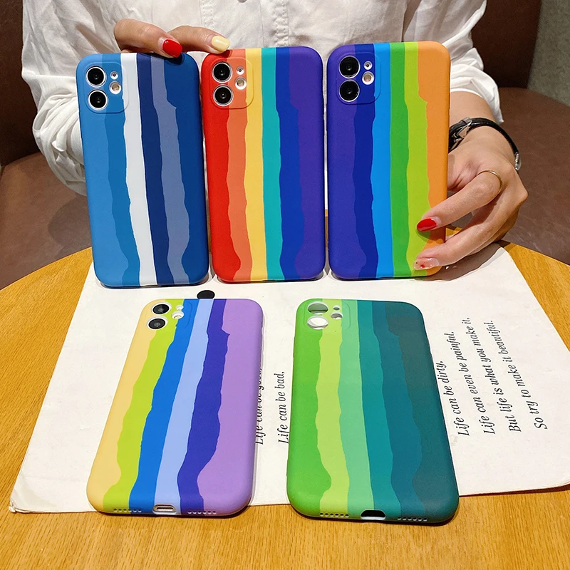 

Rainbow Original Silicone Phone Case For iPhone 7 8 Plus X Xs Max XR SE iPhone 12 11 Pro Max Mini Luxury Colourful Soft Cover