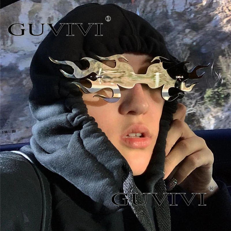 

GUVIVI Fashion Big Fire Wave Flame Sunglasses Women Men 2020 Oversized Rimless Wave Sun Glasses Eyewear Luxury Punk Sunglasses, Pink,rose gold,red,blue,green