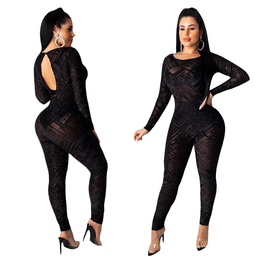 

91103-MX70 see through black club one piece jumpsuit woman sehe fashion