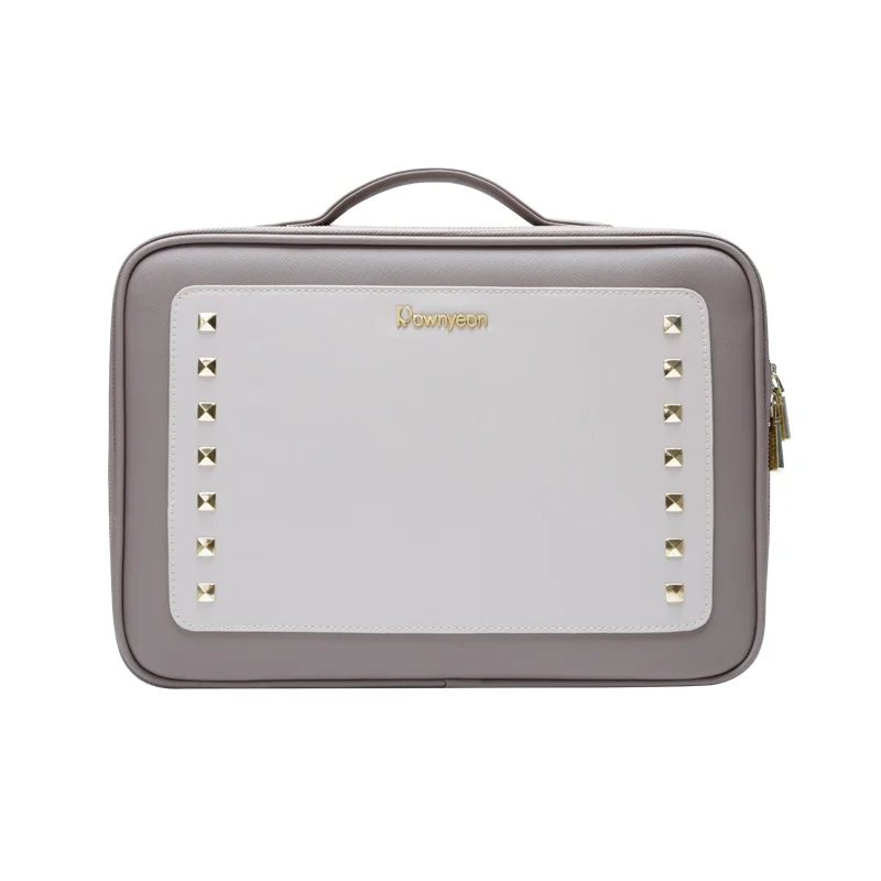 

Rownyeon Private Label Custom PU Leather Travel Adjustable Divider Cosmetic Bag Case With Mirror, White and grey
