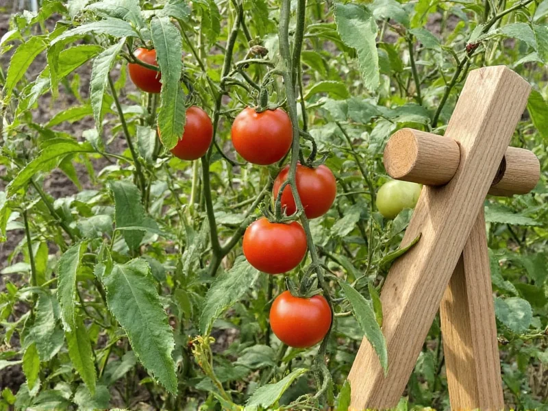 Homemade wooden tomato trellis supporting healthy red tomatoes