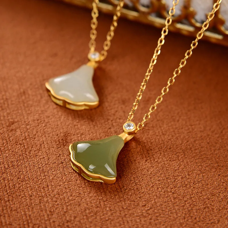 

925 Sterling Silver Gold Plated Necklace for Women Ginkgo Leaf Jade Women Pendant Necklace Women Fashion Jewelry